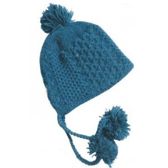 Wool knitted beanie with pompoms - Deep Turquoise (Unisex)